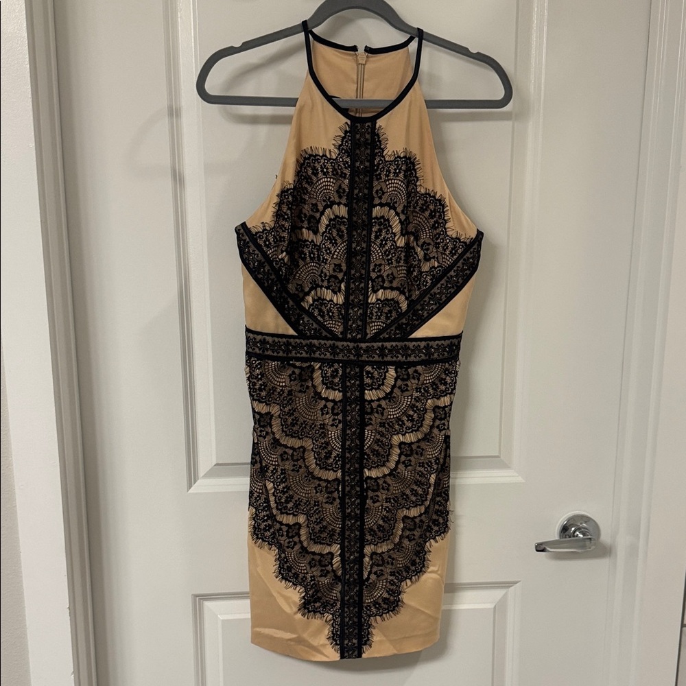 Elegant Black and Tan Lace Dress